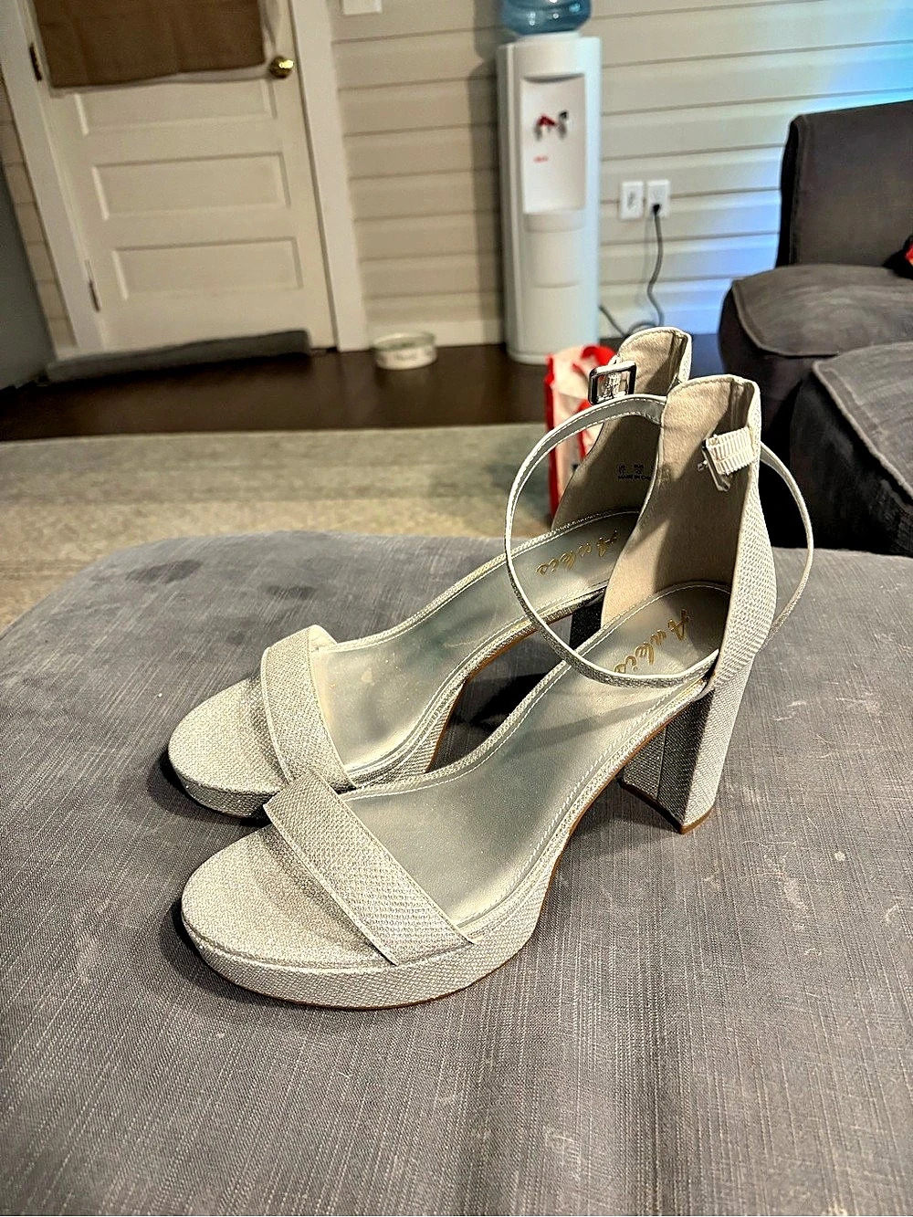 Aukeis Glitter Ankle Strap Block Heel Sandals Silver